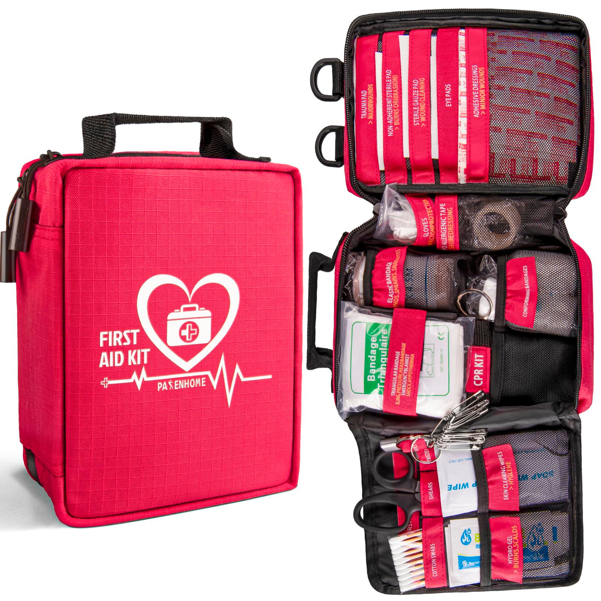 Pasenhome first aid kit with labelled compartments for quick access during emergencies.