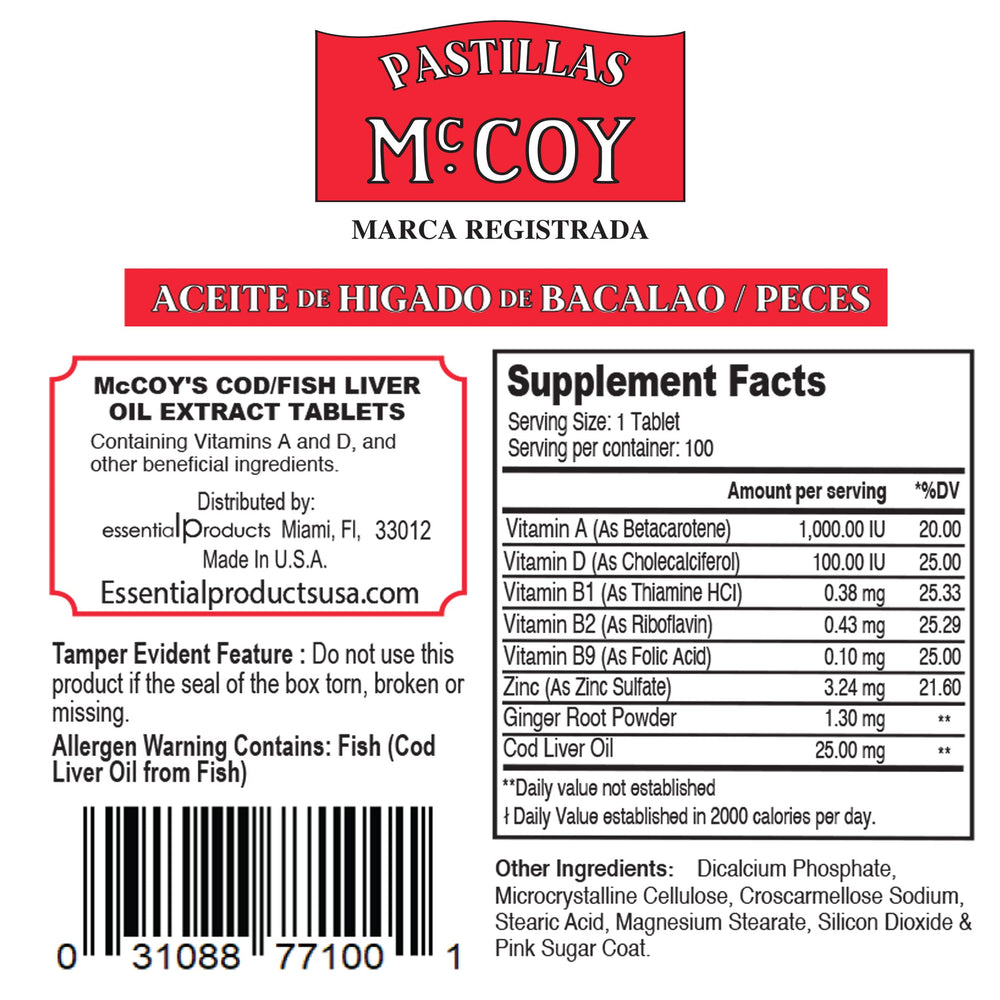 Pastillas McCoy back label with ingredients and directions