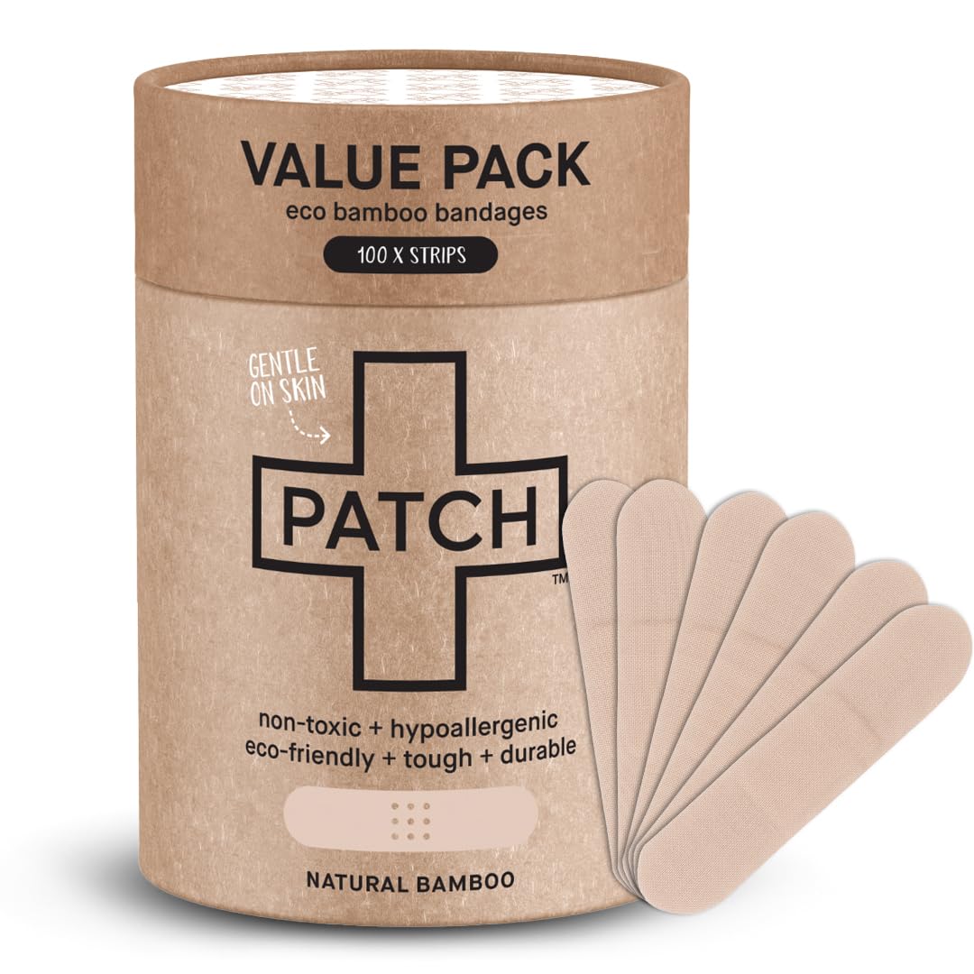 PATCH bamboo bandages pack front view, hypoallergenic adhesion for sensitive skin.