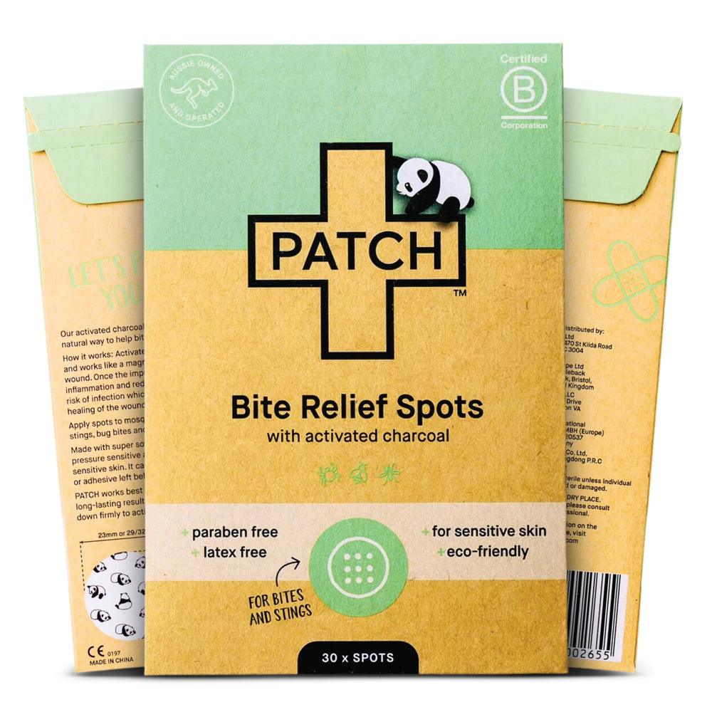 PATCH Bite Relief Spots recyclable cardboard packaging emphasizes plastic free design