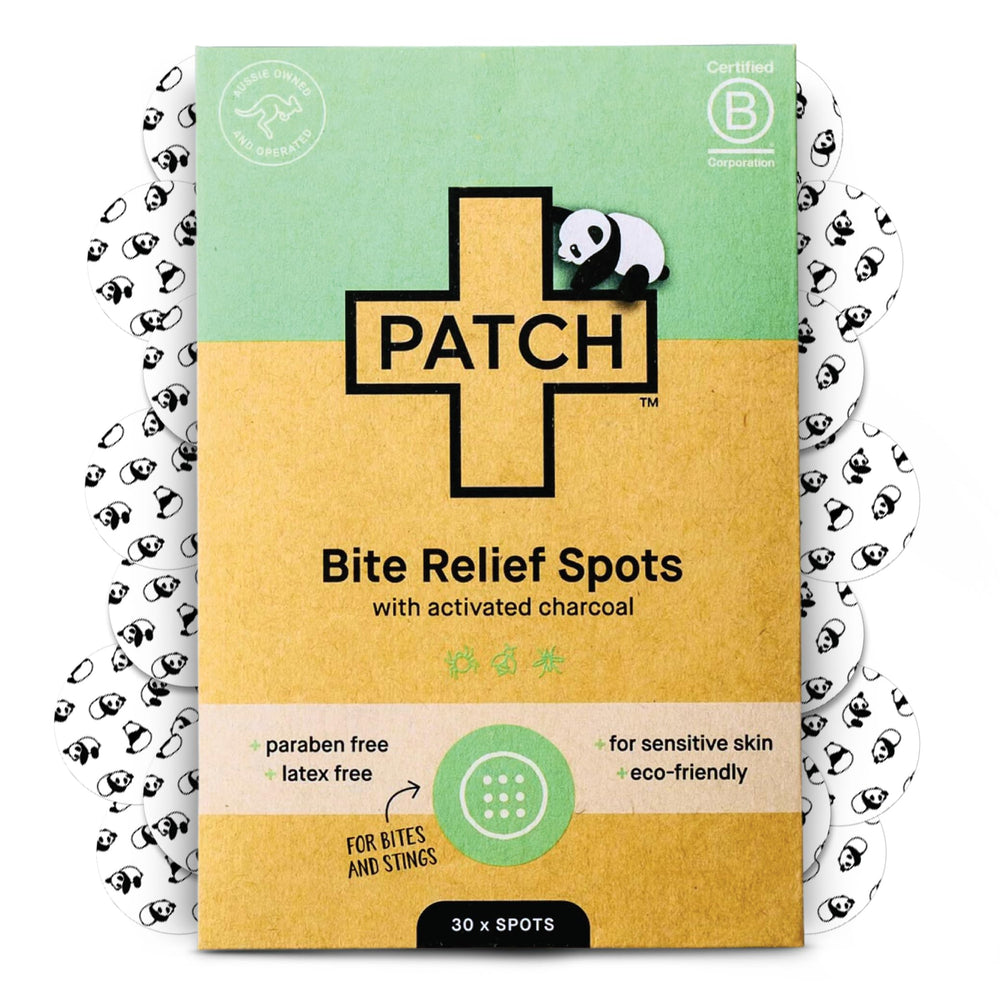 PATCH Bite Relief Spots panda bamboo bandage closeup for gentle skin protection