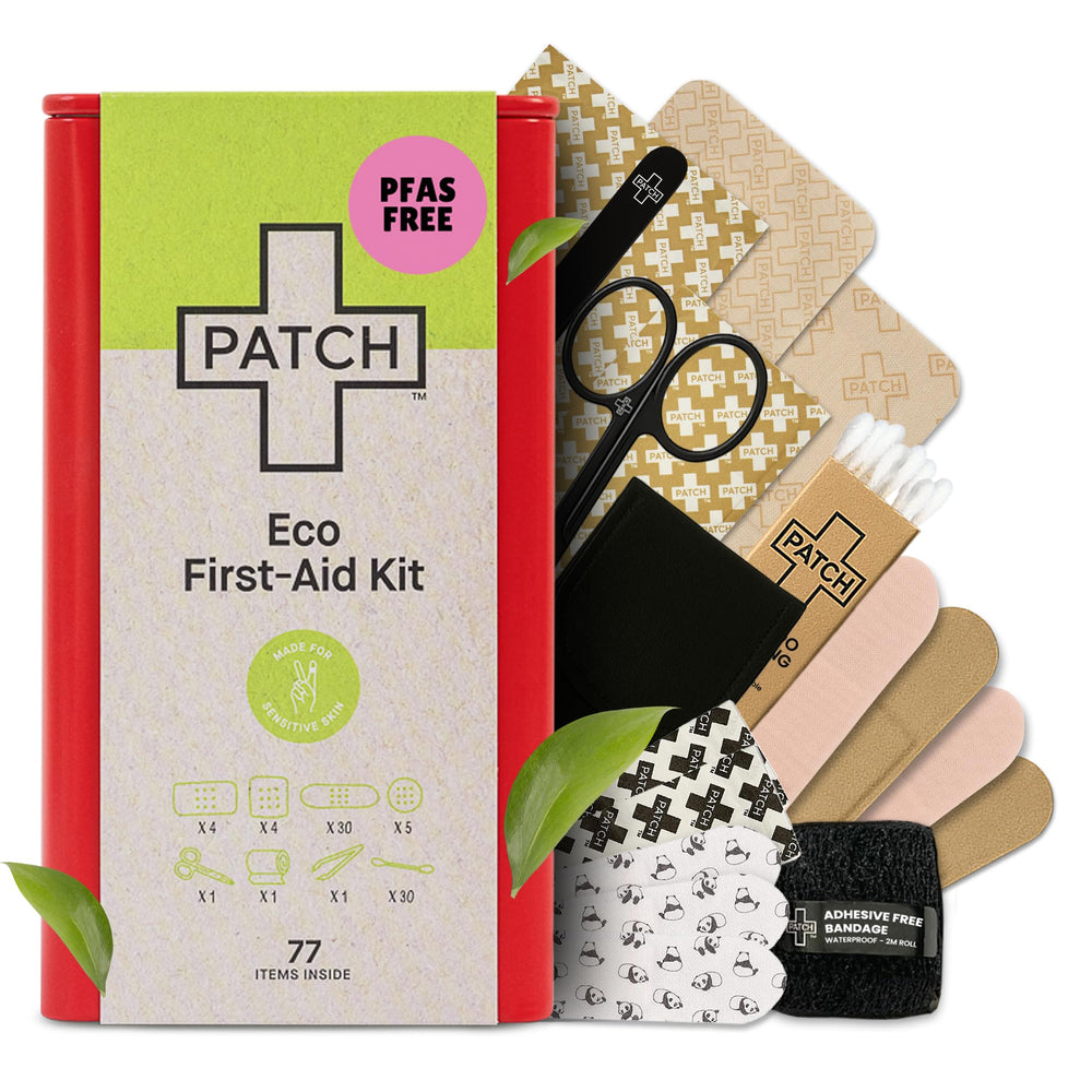 Patch Eco First Aid Kit assorted bandages sizes display for versatile minor injuries