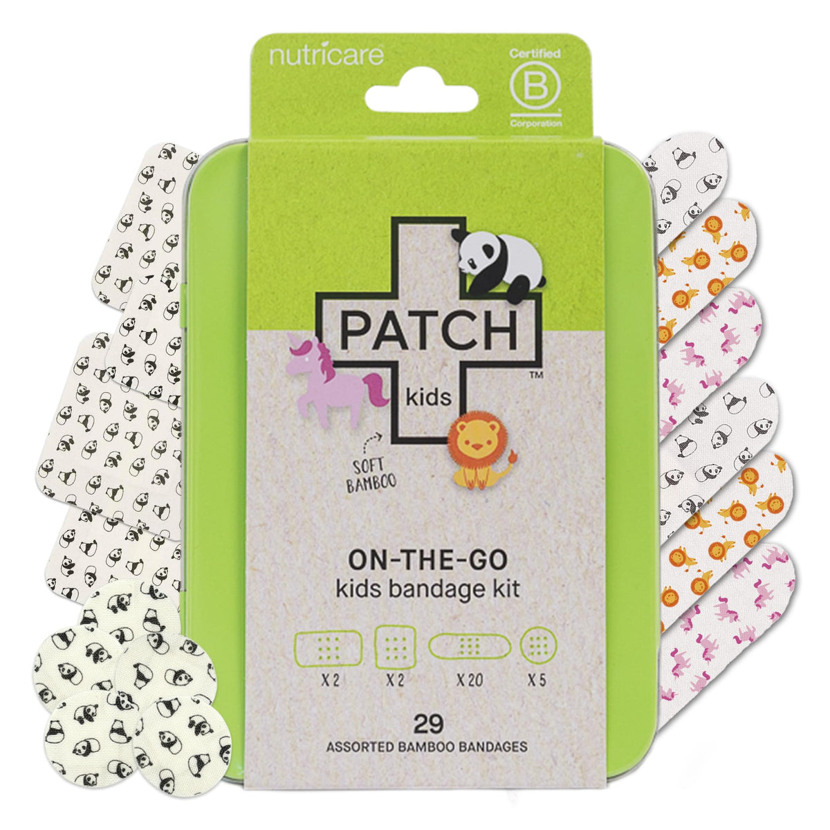 Patch Kids On-The-Go panda bandages in a reusable tin provide gentle protection for kids' minor cuts.