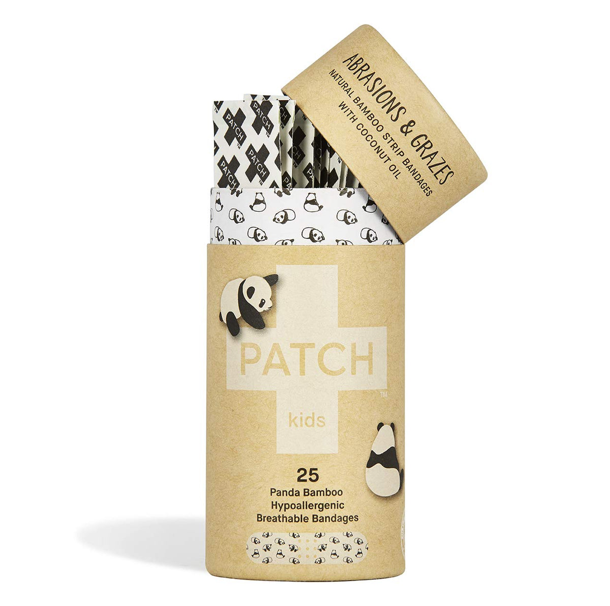 Patch Kids Panda bamboo bandages highlight eco-friendly material for kids' scrapes.