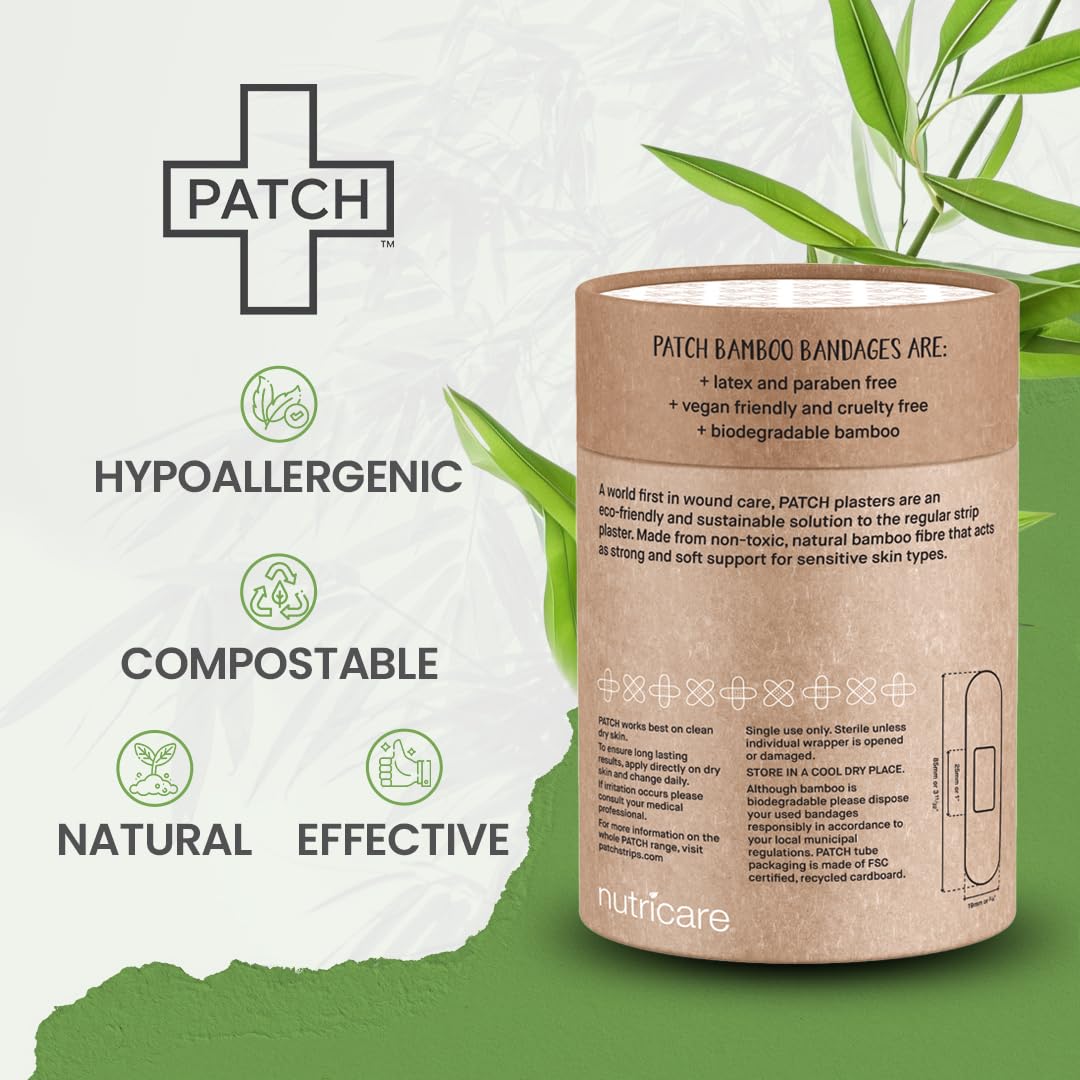 PATCH natural bamboo bandages close-up, mineral adhesive for comfortable daily wear.