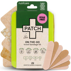 PATCH On-The-Go bamboo travel kit cover in a reusable tin for quick, gentle care.