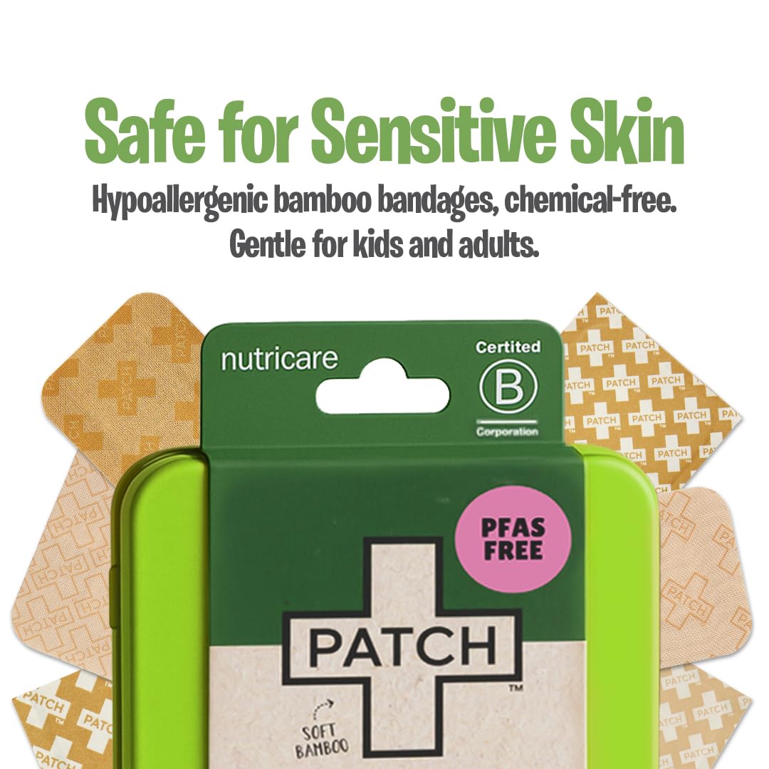 PATCH On-The-Go bamboo bandage travel kit patches inside the tin for versatile coverage.
