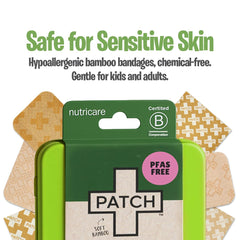 PATCH On-The-Go bamboo bandage travel kit patches inside the tin for versatile coverage.