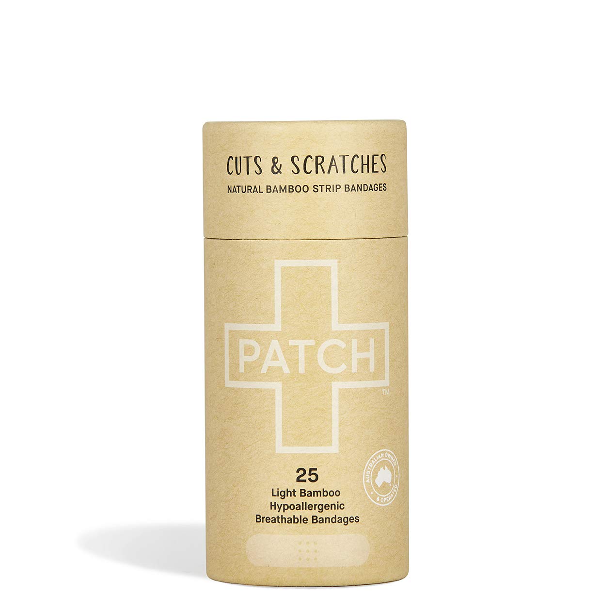 PATCH Tan Bamboo Bandage container presents a convenient 25-count supply
