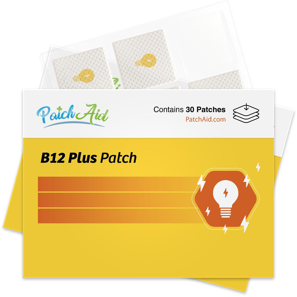 PatchAid B12 Energy Plus patch packaging showing latex-free design for sensitive skin.