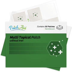 Patch Aid Multi Plus topical patch on skin delivers steady energy without stomach upset.