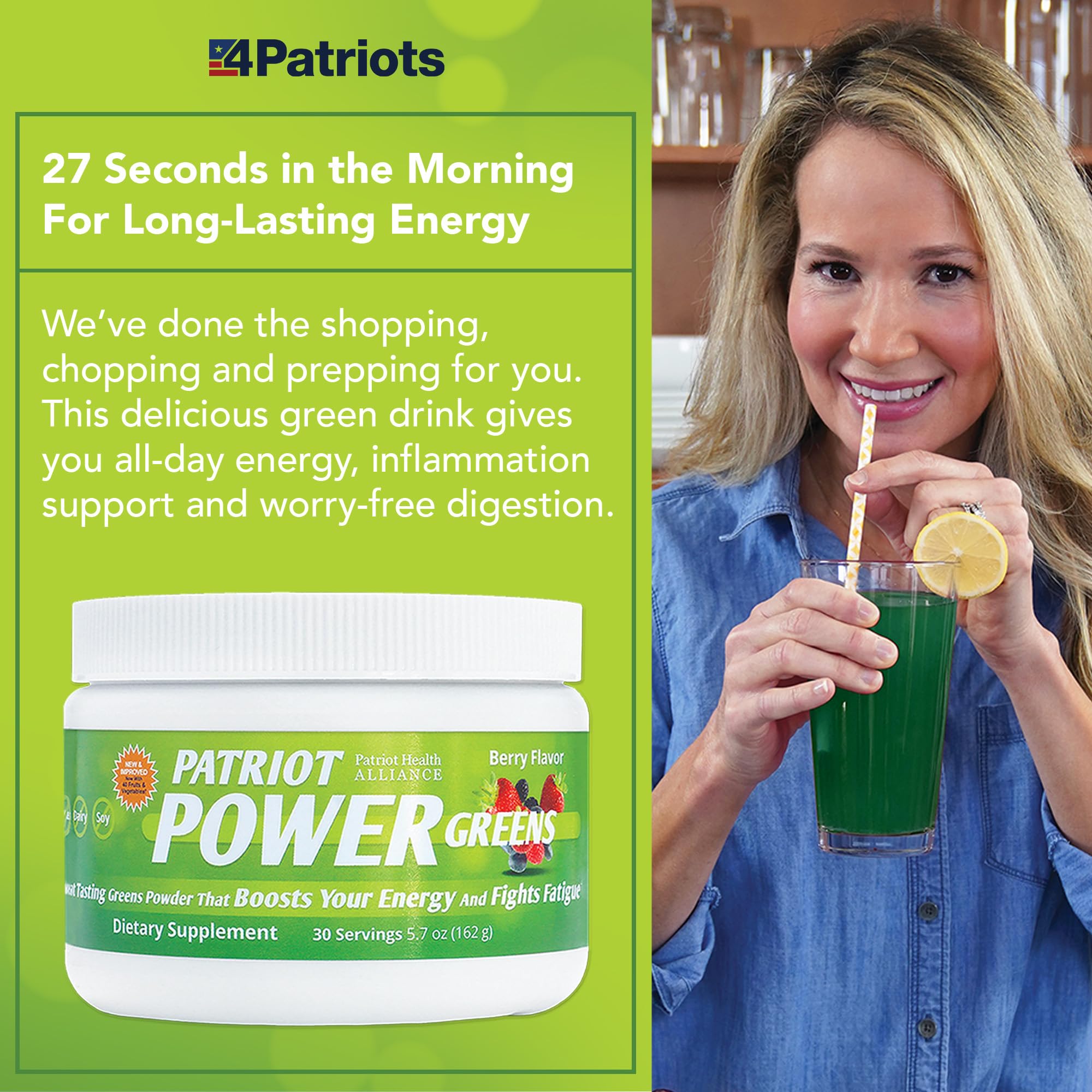 Patriot Power Greens ingredients featuring kale parsley and spinach for inflammation support
