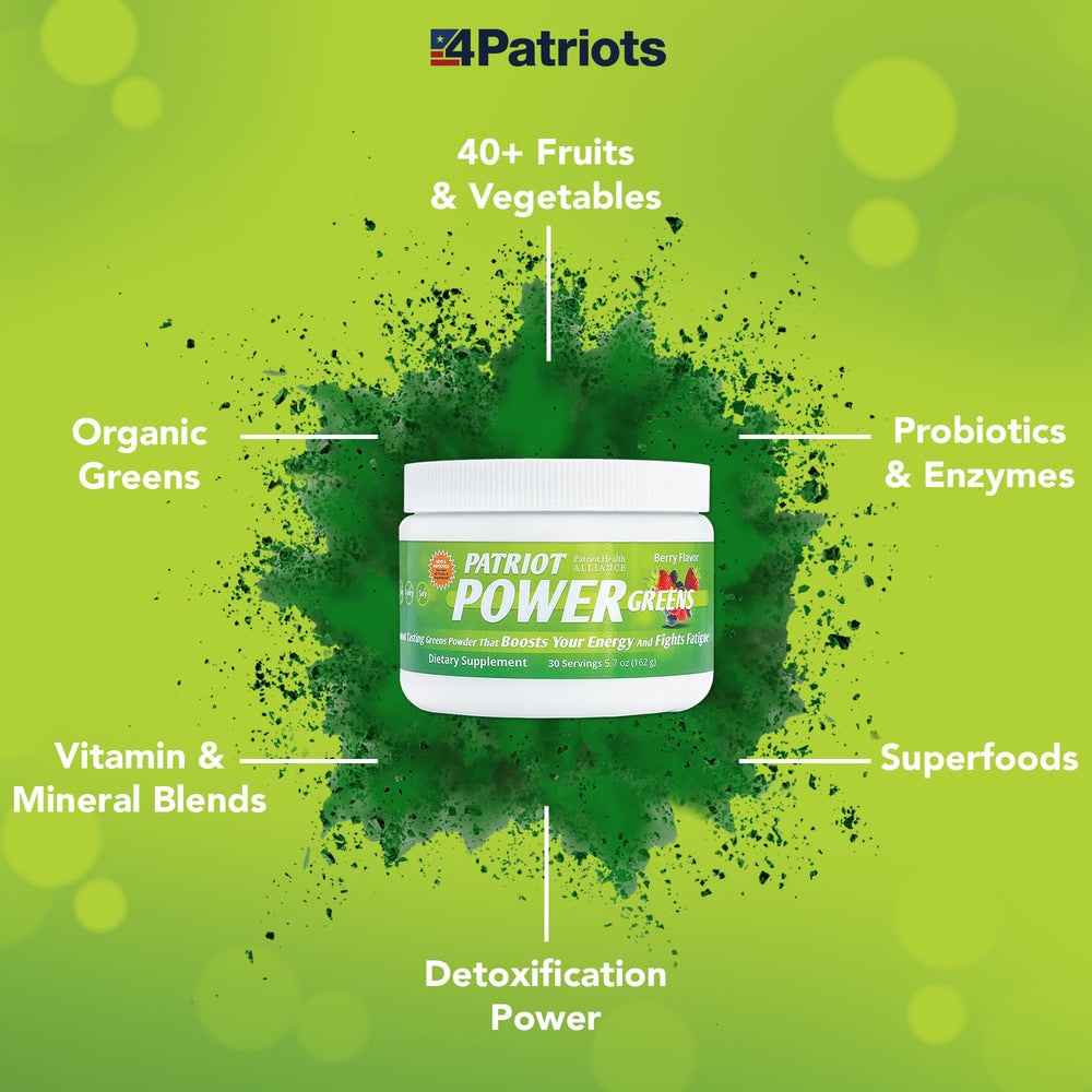 Patriot Power Greens probiotics illustration emphasizing digestion-friendly enzymes