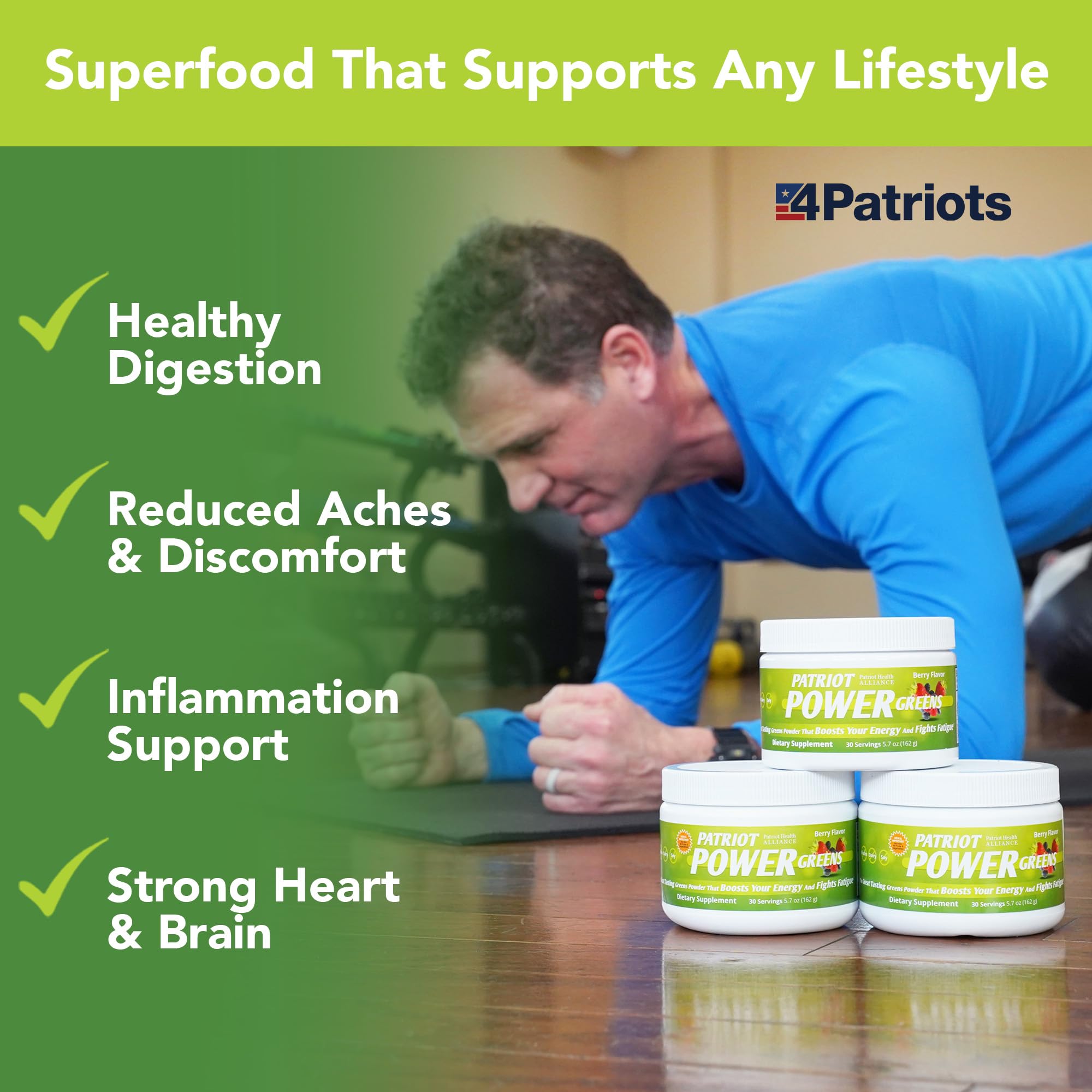 Patriot Power Greens scoop pouring into a glass for daily serving