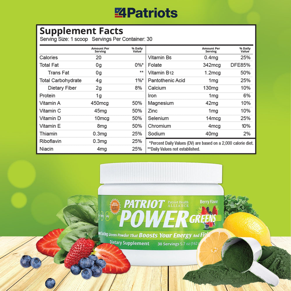 Patriot Power Greens vitamins and minerals panel emphasizing total body support