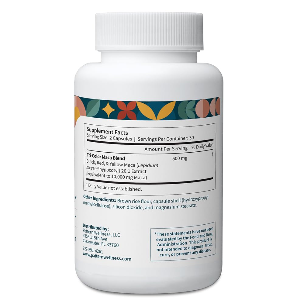 Pattern Wellness 10,000 mg equivalent extract capsules highlight concentrated maca power