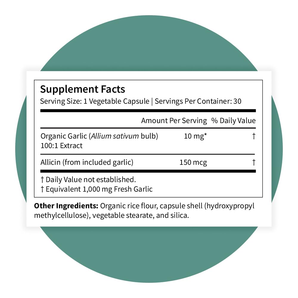 Pattern Wellness organic garlic imagery on label highlights allicin-rich formula in each capsule.
