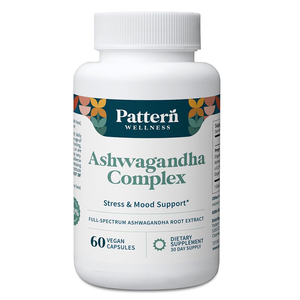 Pattern Wellness Ashwagandha Complex bottle label with organic KSM-66 for daily wellness.