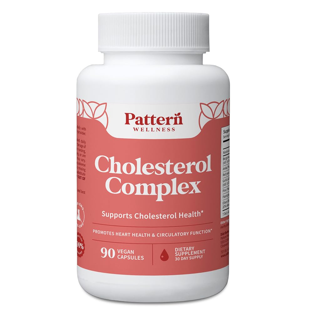 Pattern Wellness Cholesterol Complex bottle front with vegan capsules for daily wellness support.