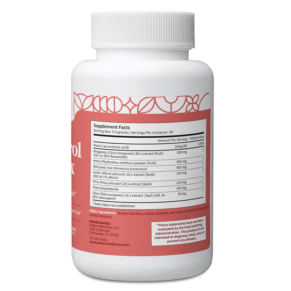Pattern Wellness Cholesterol Complex label detail emphasizes third-party lab-tested quality.
