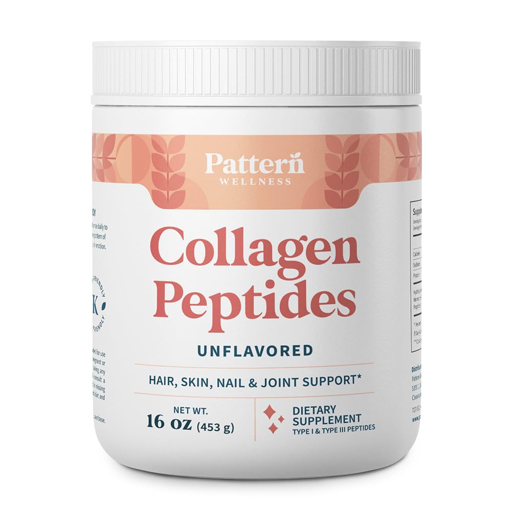 Pattern Wellness Collagen Peptides bottle pour for daily skin and joint support.