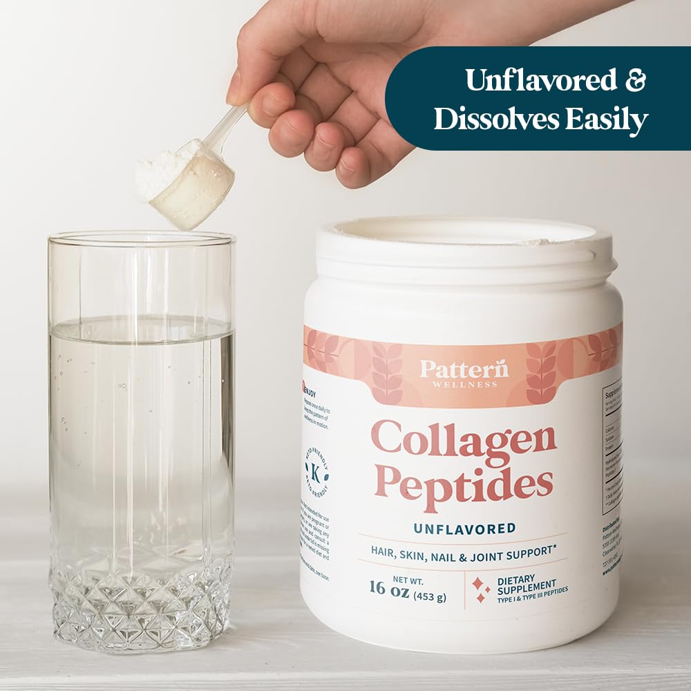 Pattern Wellness Collagen powder scoop close-up showing texture and quality.