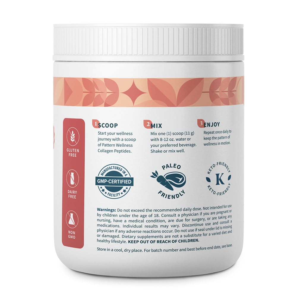 Pattern Wellness Unflavored collagen powder with scoop for easy beverage mixing.