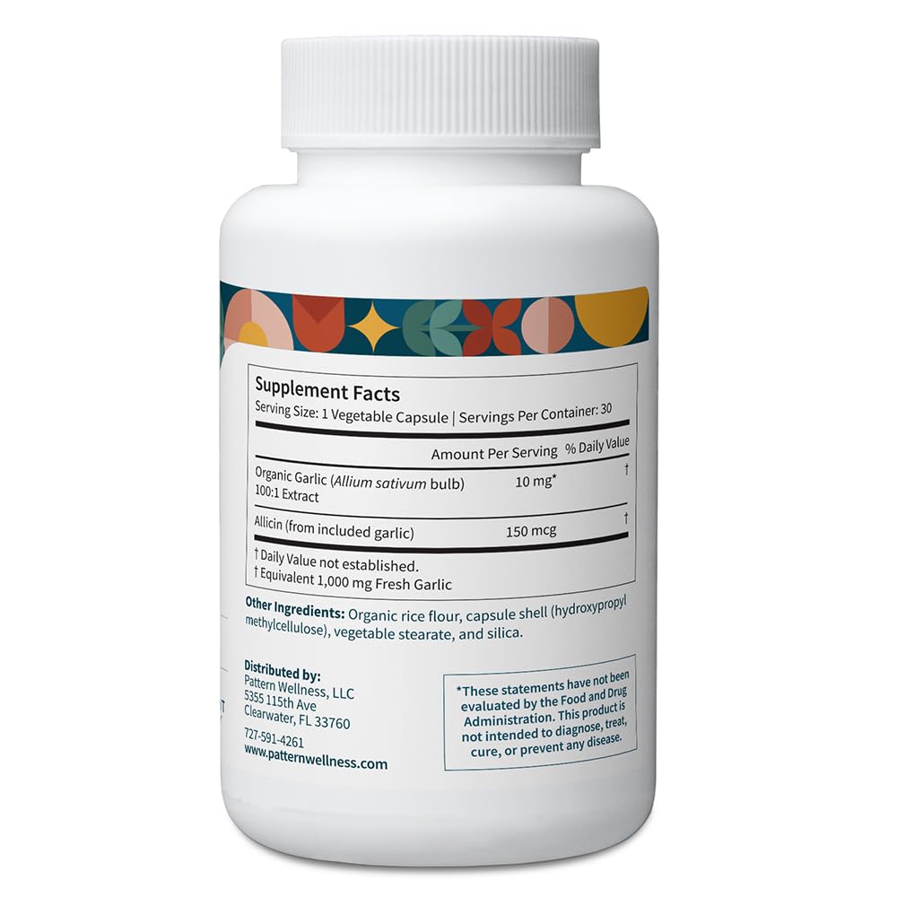Pattern Wellness garlic extract 1000mg highlights concentrated daily dose for immune and circulatory balance.