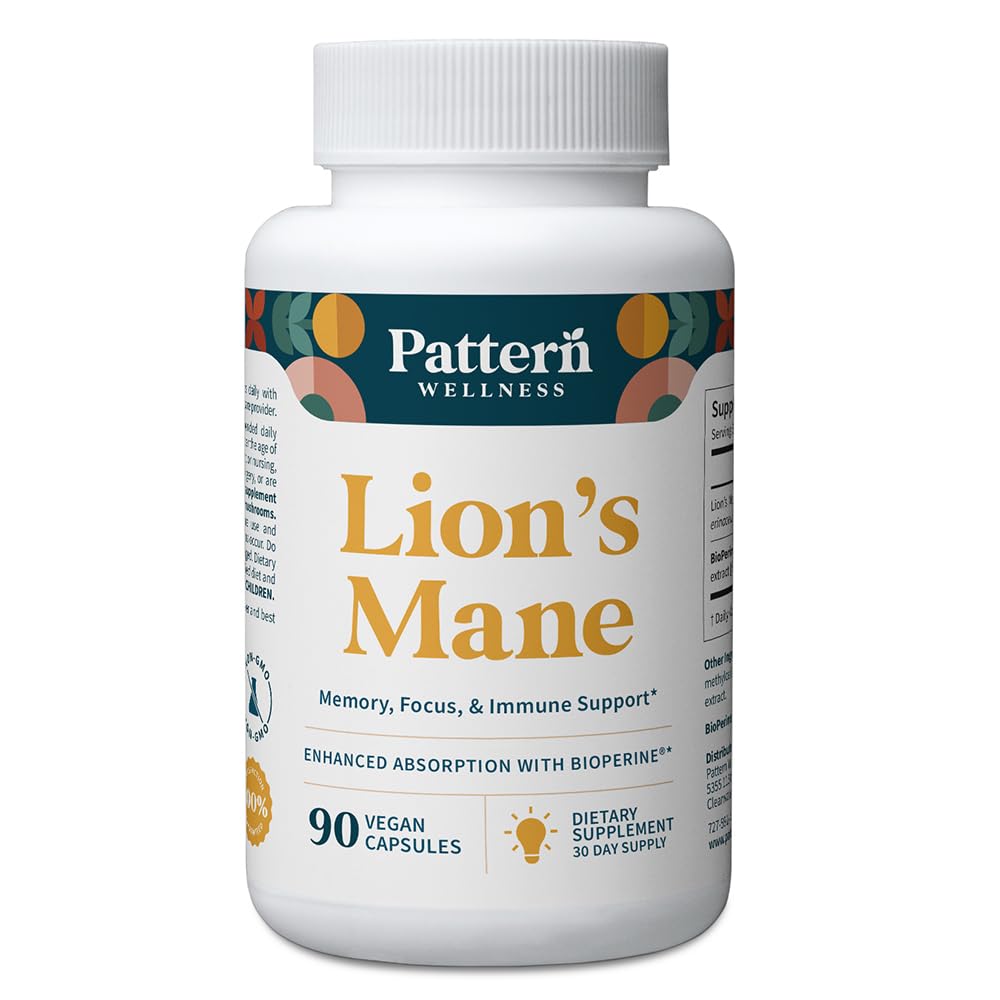 Pattern Wellness Lion’s Mane capsules bottle for daily cognitive clarity