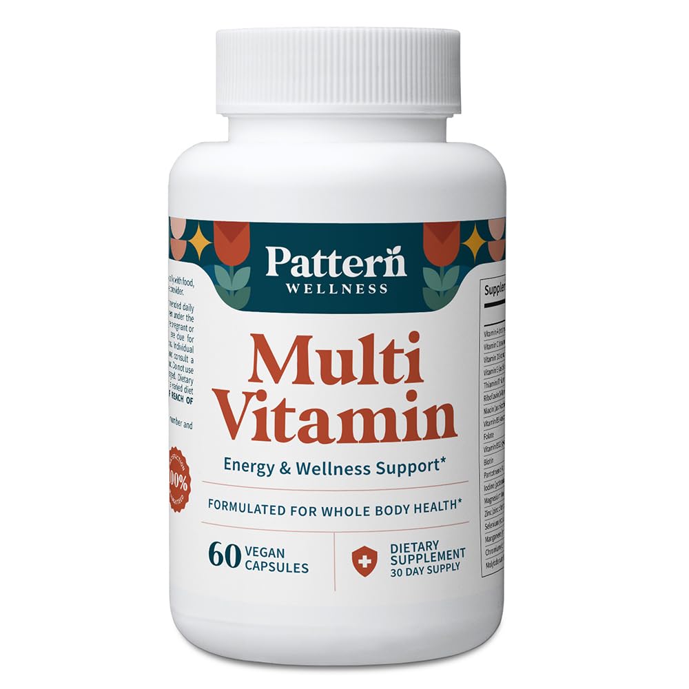 Pattern Wellness multivitamin bottle front showcases daily supplement for energy support.