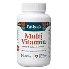 Pattern Wellness multivitamin bottle front showcases daily supplement for energy support.