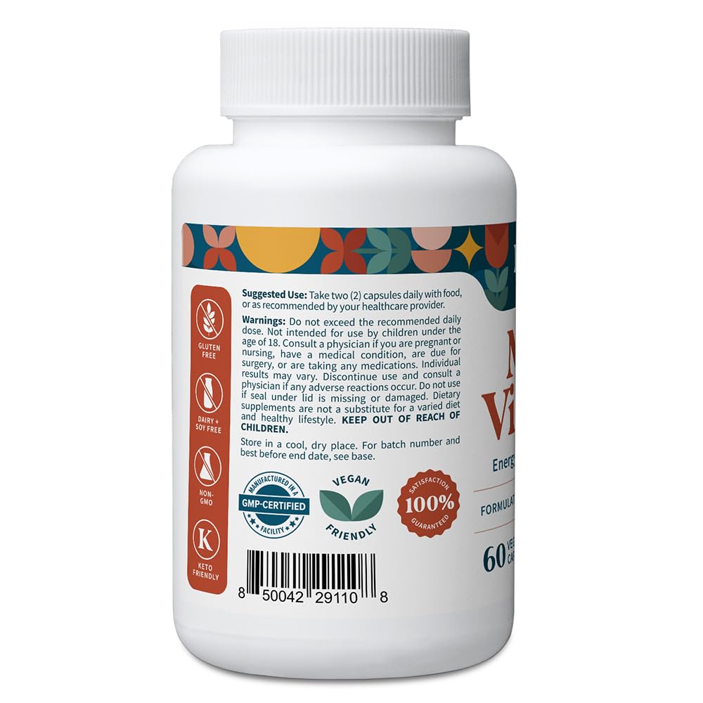 Pattern Wellness multivitamin bottle label closeup highlights vegan, gluten-free formula.