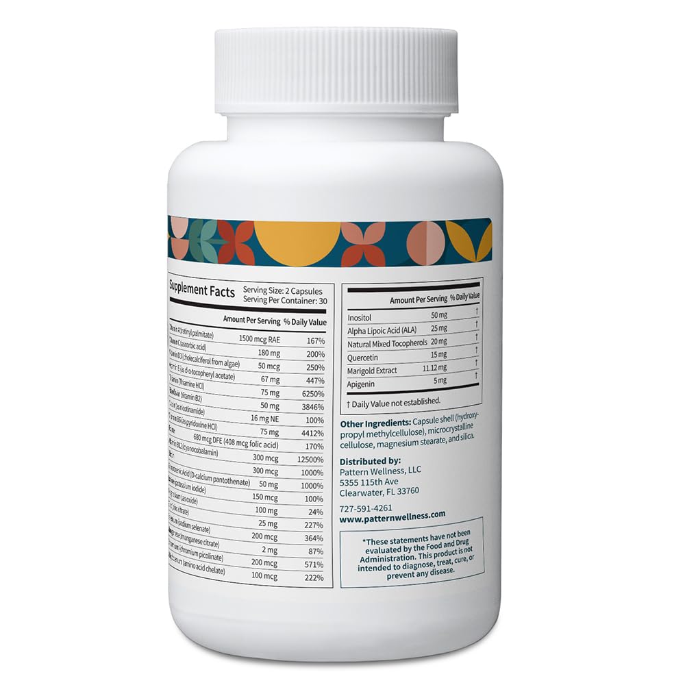 Pattern Wellness multivitamin capsules visible suggest convenient daily nourishment.