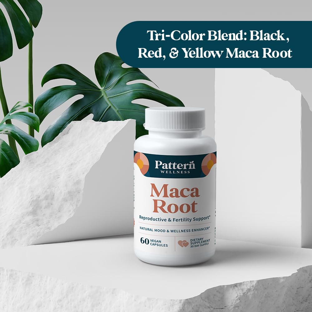 Pattern Wellness tri-color maca blend packaging highlights natural balance appeal