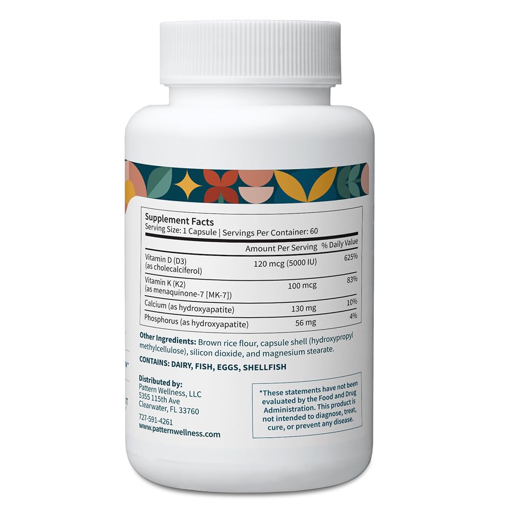 Pattern Wellness Vitamin K2 D3 capsules closeup highlights MK-7 for extended activity
