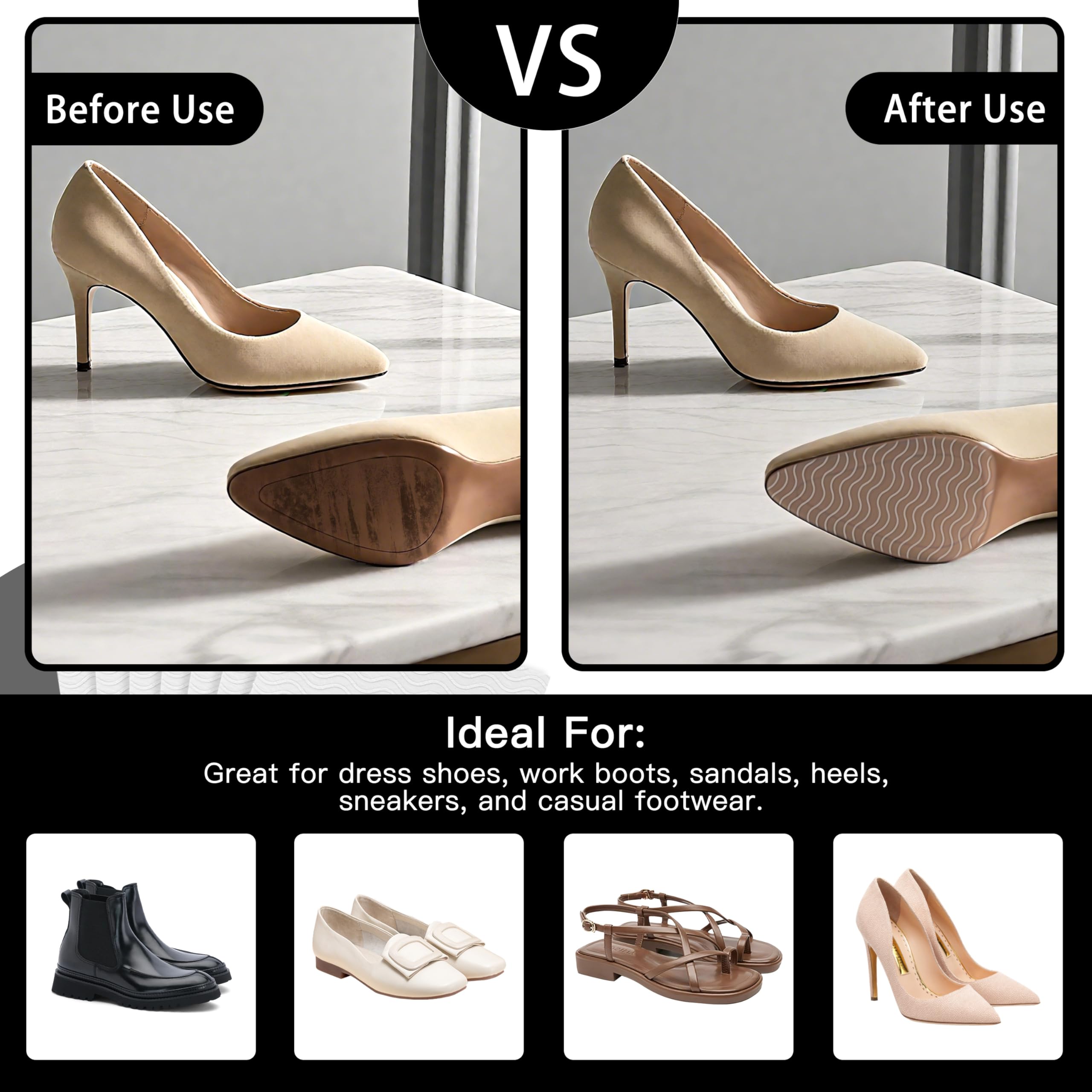 Ultra-thin 0.5mm film stays nearly invisible on most shoes.