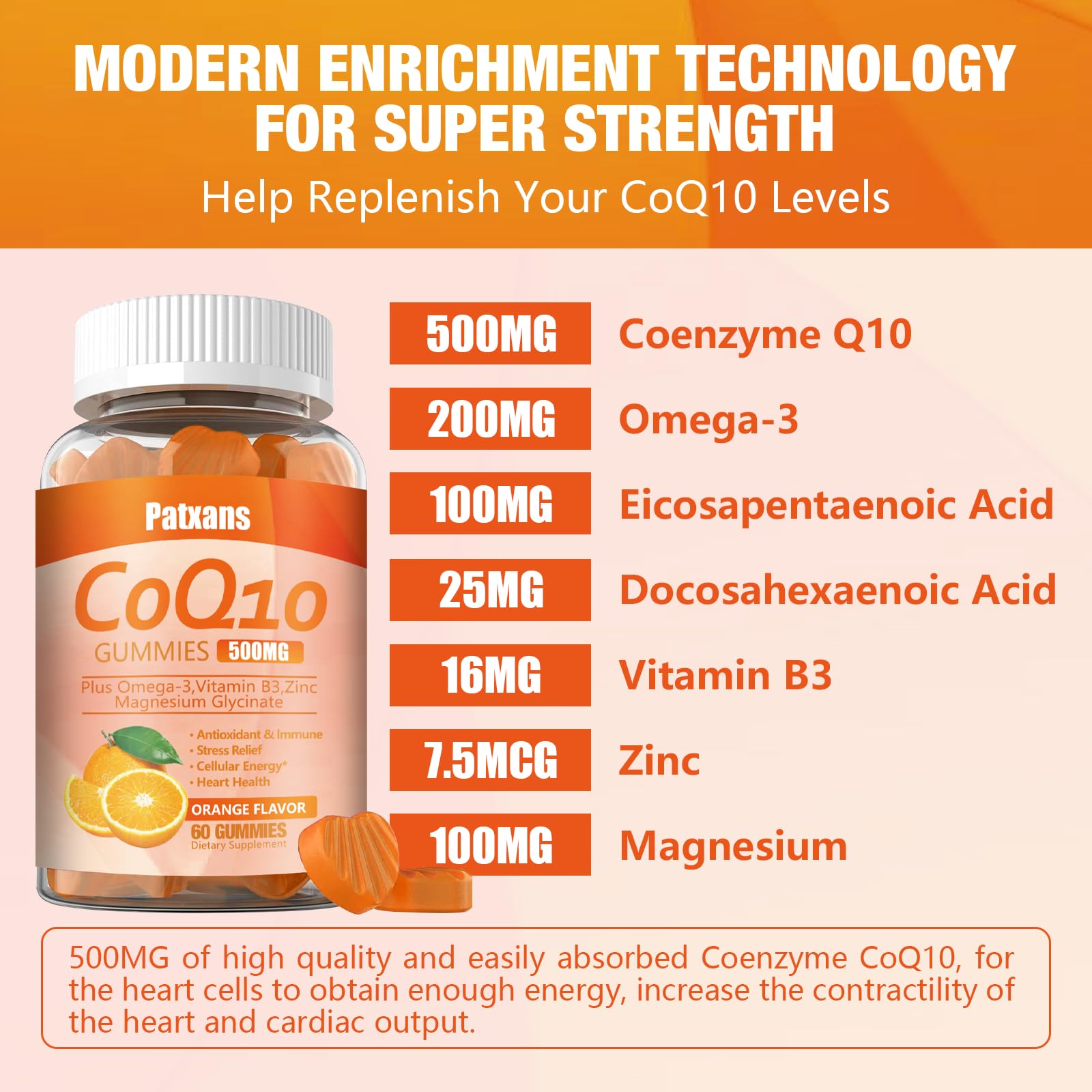Patxans CoQ10 gummies bottle-omega-3 note shows nutrient blend for wellness