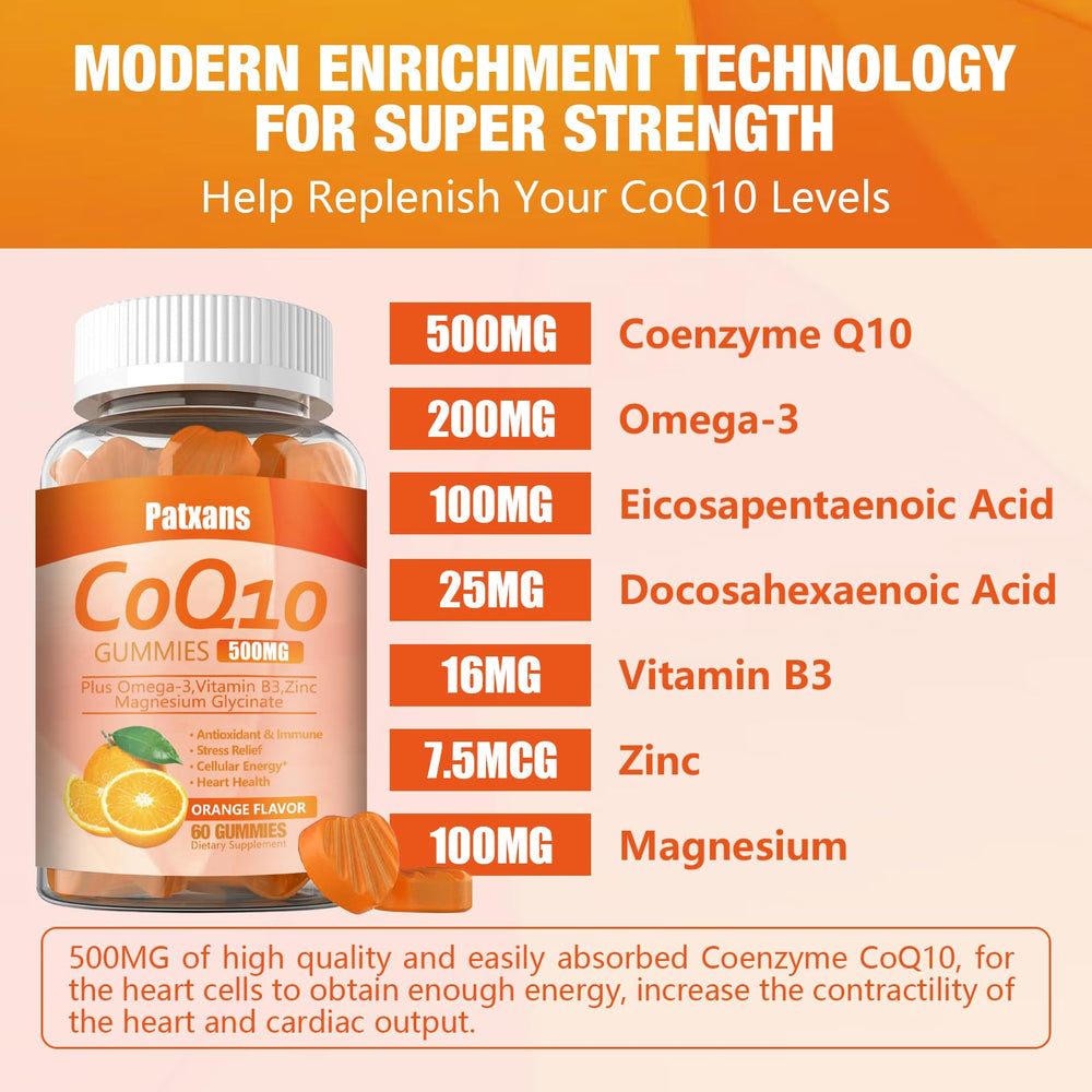 Patxans CoQ10 gummies bottle-omega-3 note shows nutrient blend for wellness