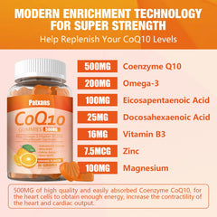 Patxans CoQ10 gummies bottle-omega-3 note shows nutrient blend for wellness