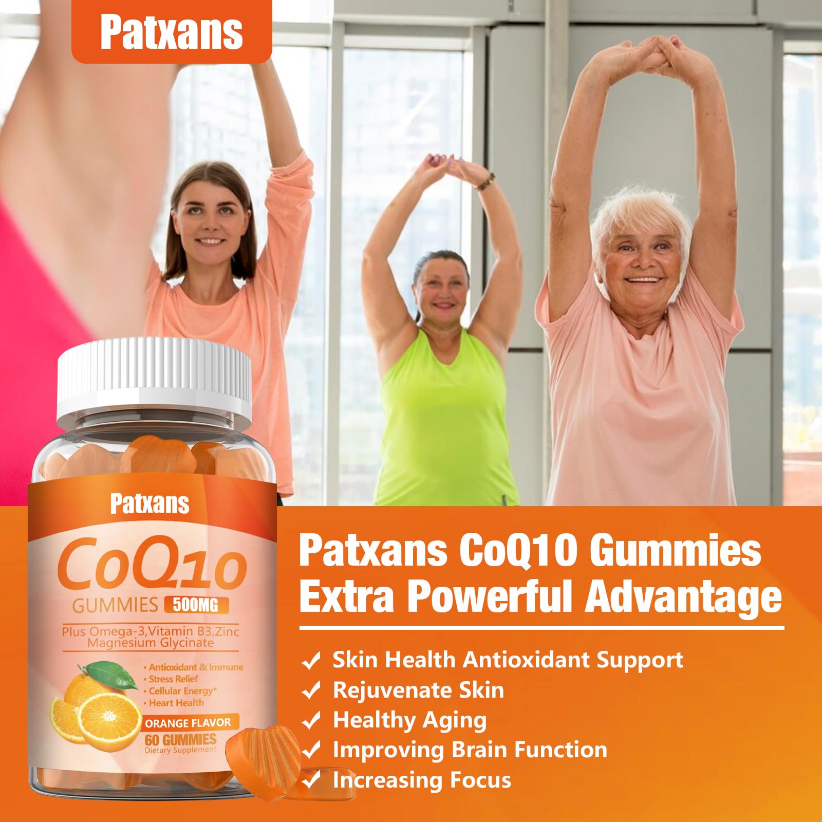 Patxans CoQ10 gummies label-detail highlights zinc and magnesium for immune support