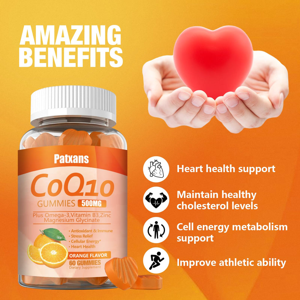 Patxans CoQ10 gummies serving-ready image suggests easy daily routine
