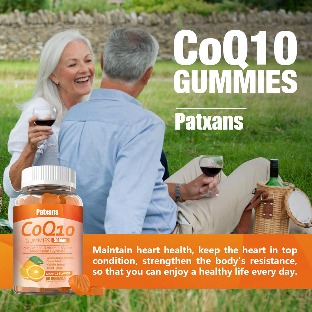 Patxans CoQ10 gummies stacked view emphasizes easy intake and taste