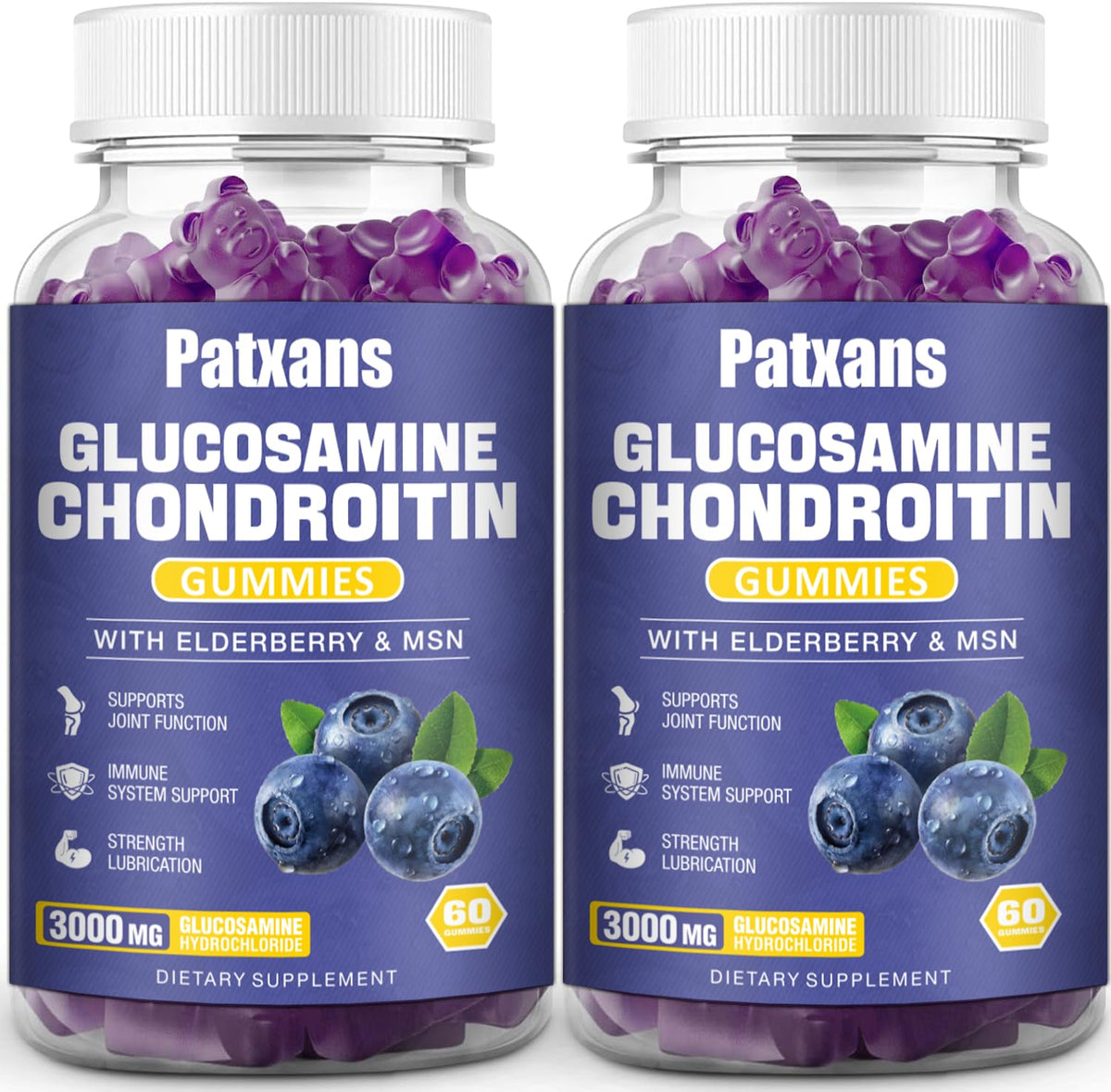 Patxans glucosamine chondroitin gummies bottle shows convenient daily joint support.