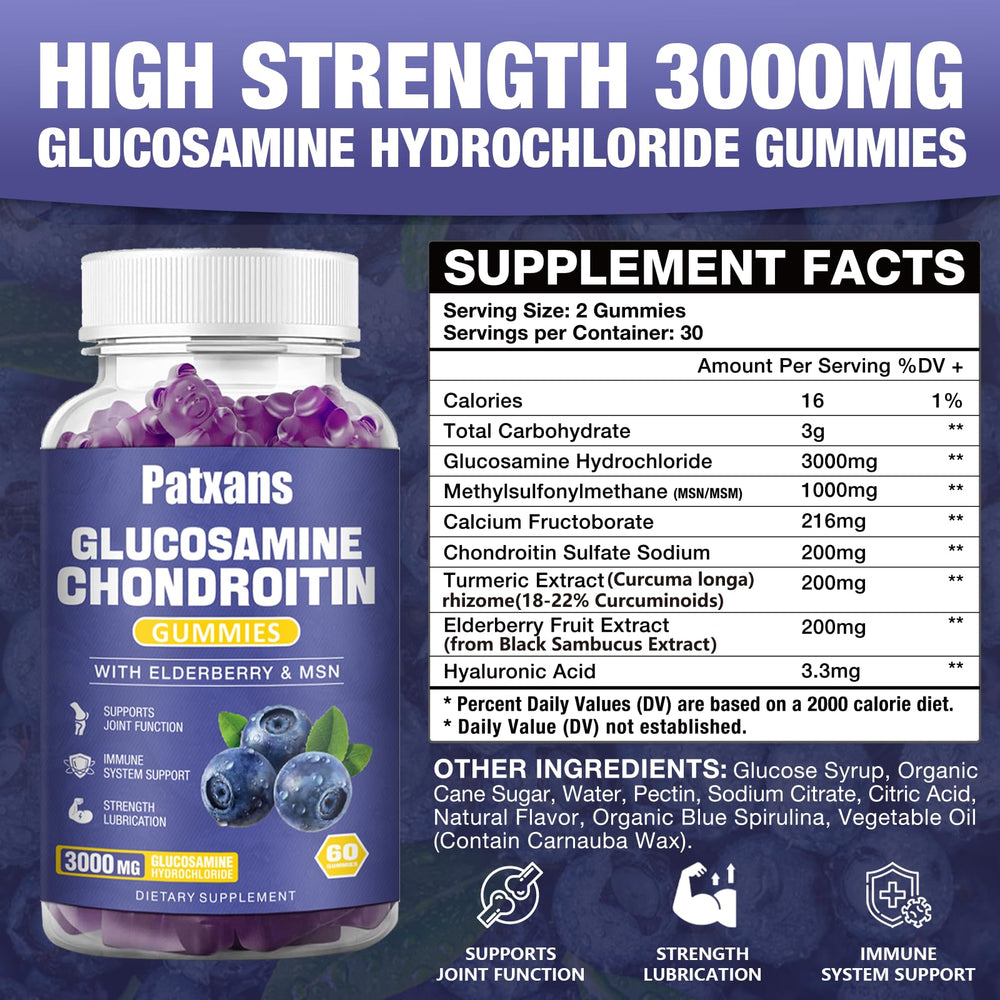 Patxans glucosamine chondroitin gummies label highlights key ingredients for joint care.