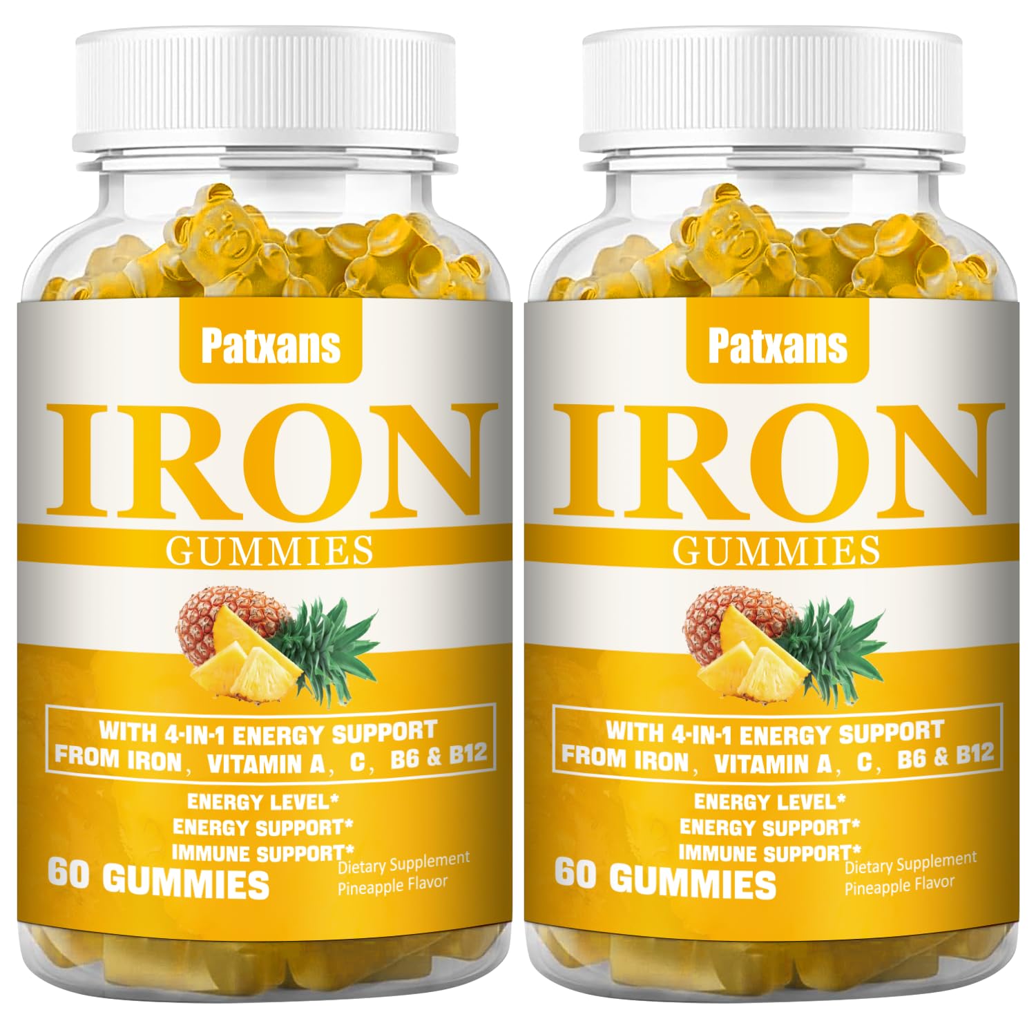 Patxans iron gummies bottle with pineapple flavor provides convenient daily iron support.