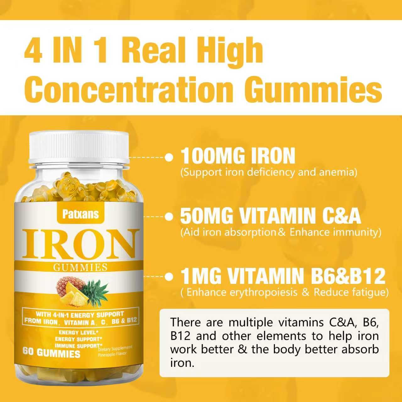 Patxans iron gummies nutrition label featuring vitamins A, C, B6, and B12 for enhanced iron absorption.