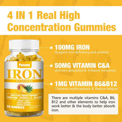 Patxans iron gummies nutrition label featuring vitamins A, C, B6, and B12 for enhanced iron absorption.