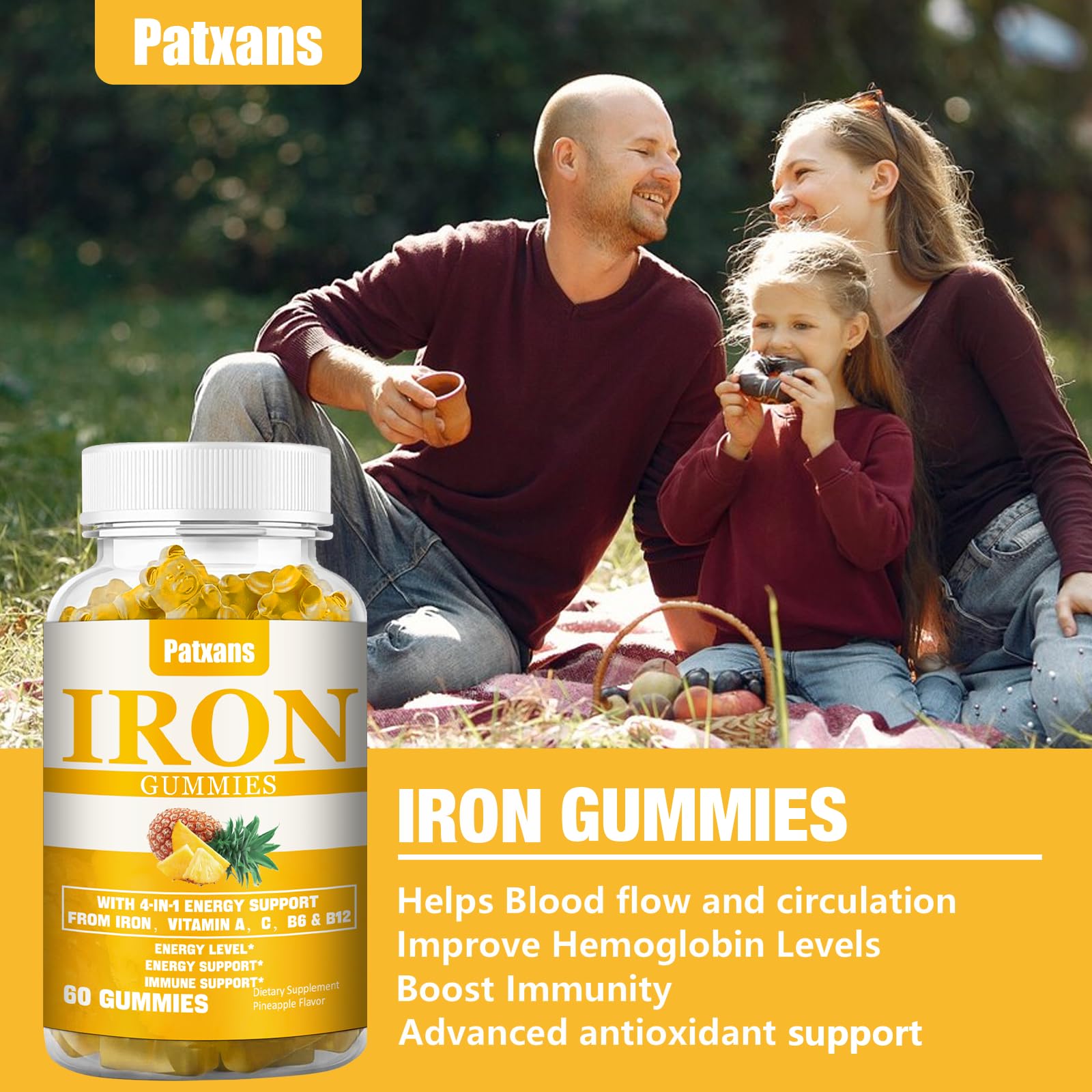 Patxans gummies with vitamin icons illustrate multi-nutrient support.