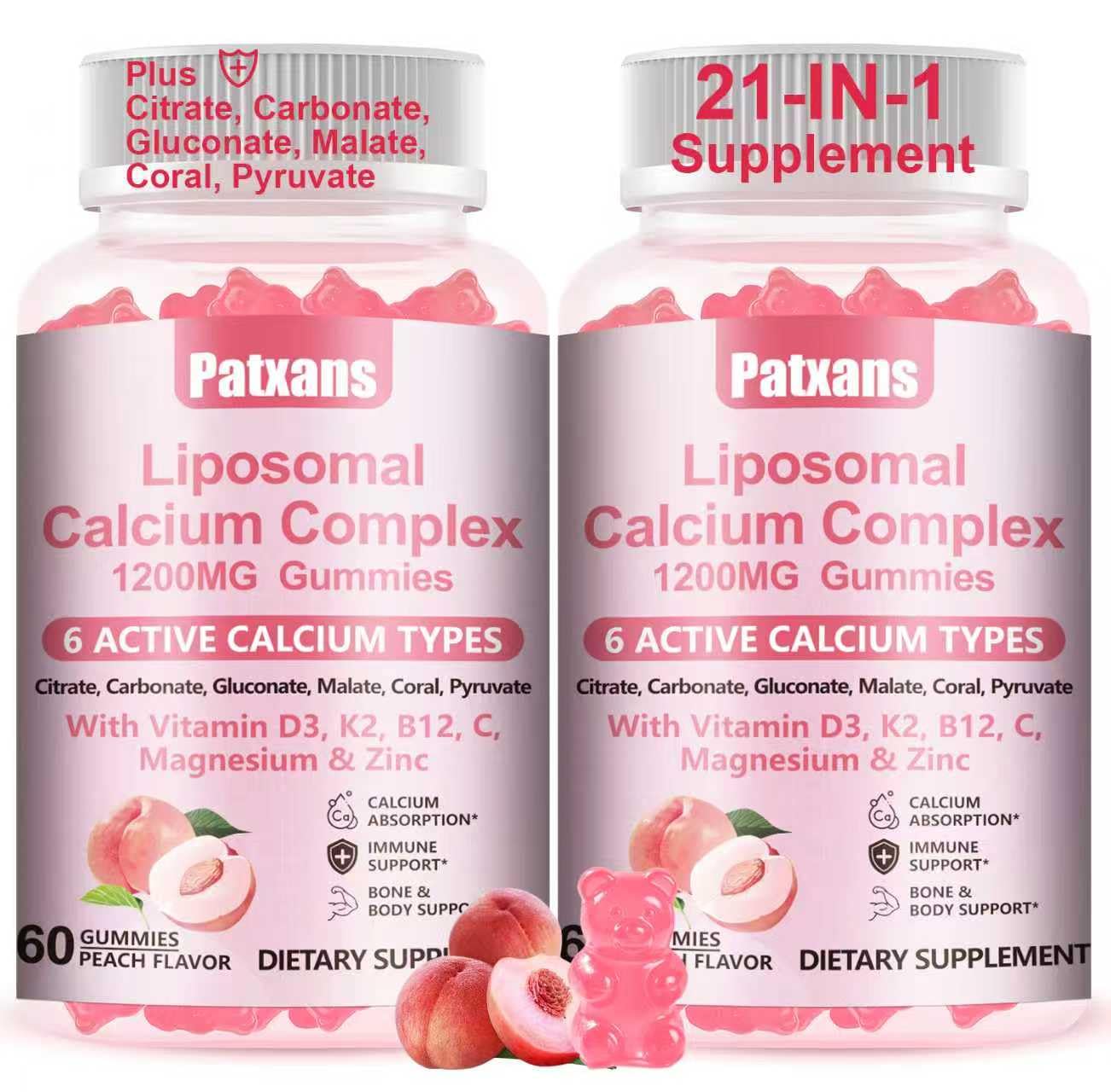 Patxans liposomal calcium bottle shows six calcium forms for bone-friendly support.