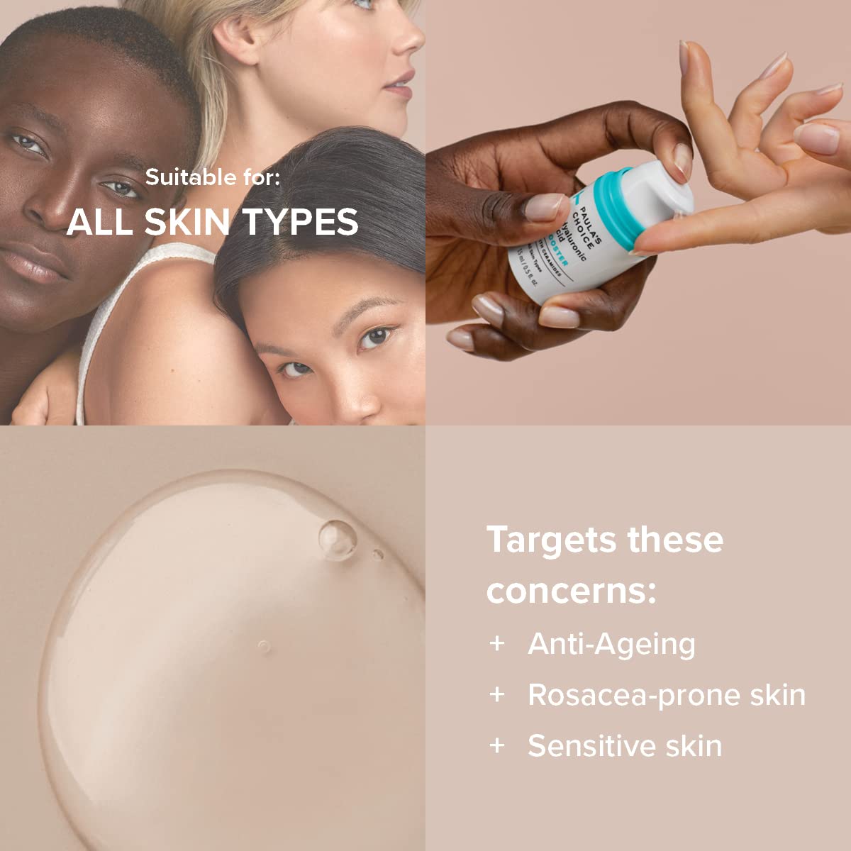Ingredients list emphasizes ceramides and hyaluronic acid for skin hydration support.